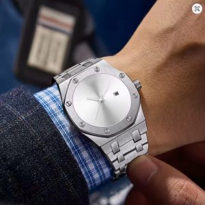 Alternative view of Men Plain Dial Watch Stainless Steel Fashion Analog Quartz Wristwatch for Men Auto Date Luminous Custom Engraved