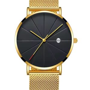 Gold Mesh Watch with Black Minimalist Dial Custom Engraved