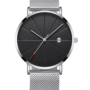Custom Engraved Minimalist Black Dial Stainless Steel Mesh Watch