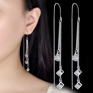 Alternative view of 925 Sterling Silver Geometric Cube Tassel Earrings