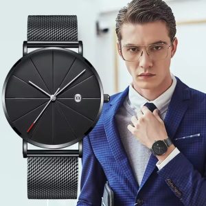 Alternative view of Custom Engraved Minimalist Black Dial Stainless Steel Mesh Watch