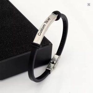 Alternative view of Punk Thin Custom Text Name Adjustable Leather Bracelet Personalized Stainless Steel Bracelets For Women Men ID Bracelet